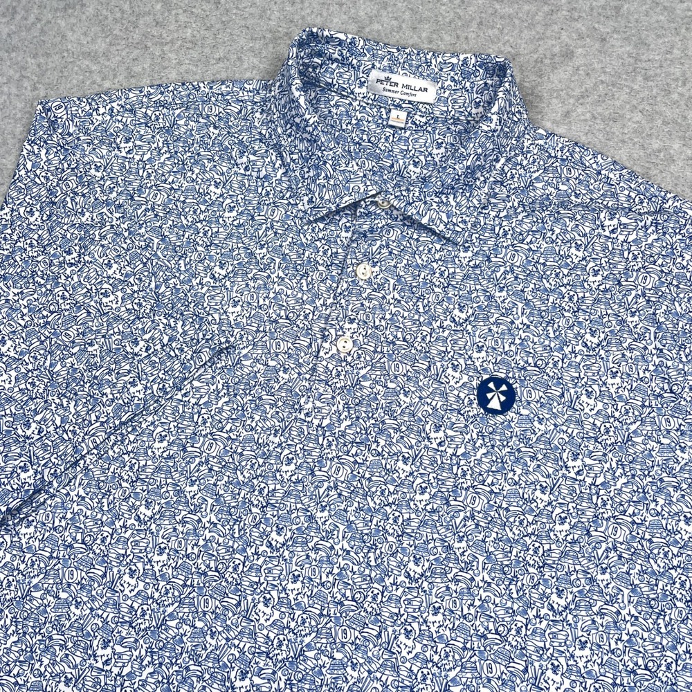 Peter Millar Tillis Jersey Polo Mens L Blue White Golf Caddyshack AOP MF22EK34S